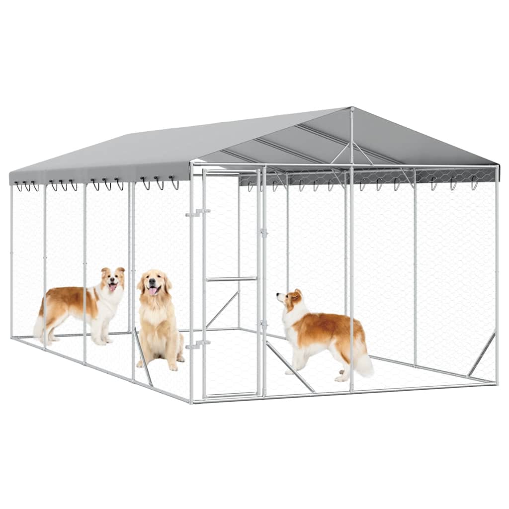 Outdoor-Hundezwinger mit Dach Silber 3x1,5x2,5m Stahl Verzinkt