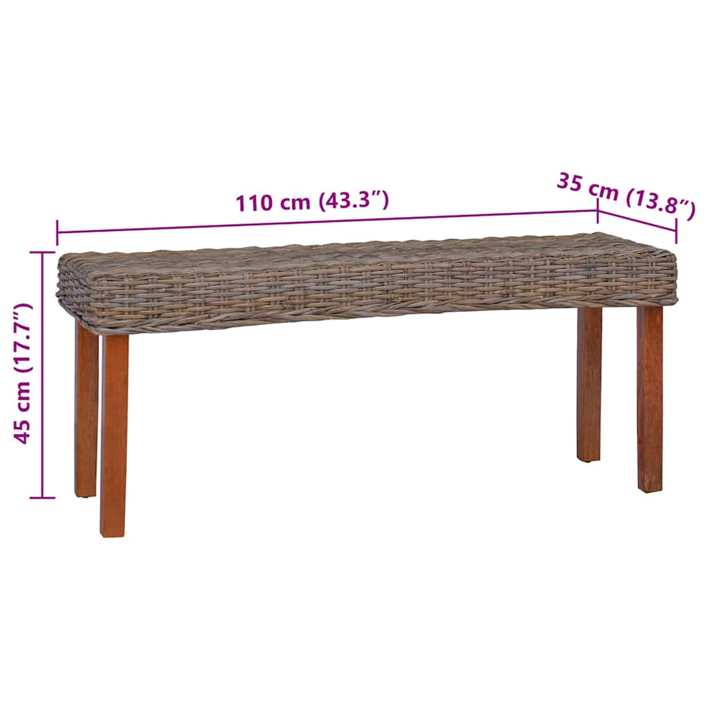 Sitzbank 110 cm Weiß Natur Kubu-Rattan und Massivholz Mahagoni