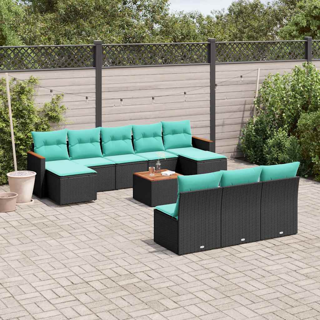 10-teiliges Gartensofa-Set mit Kissen, schwarzes Polyrattan