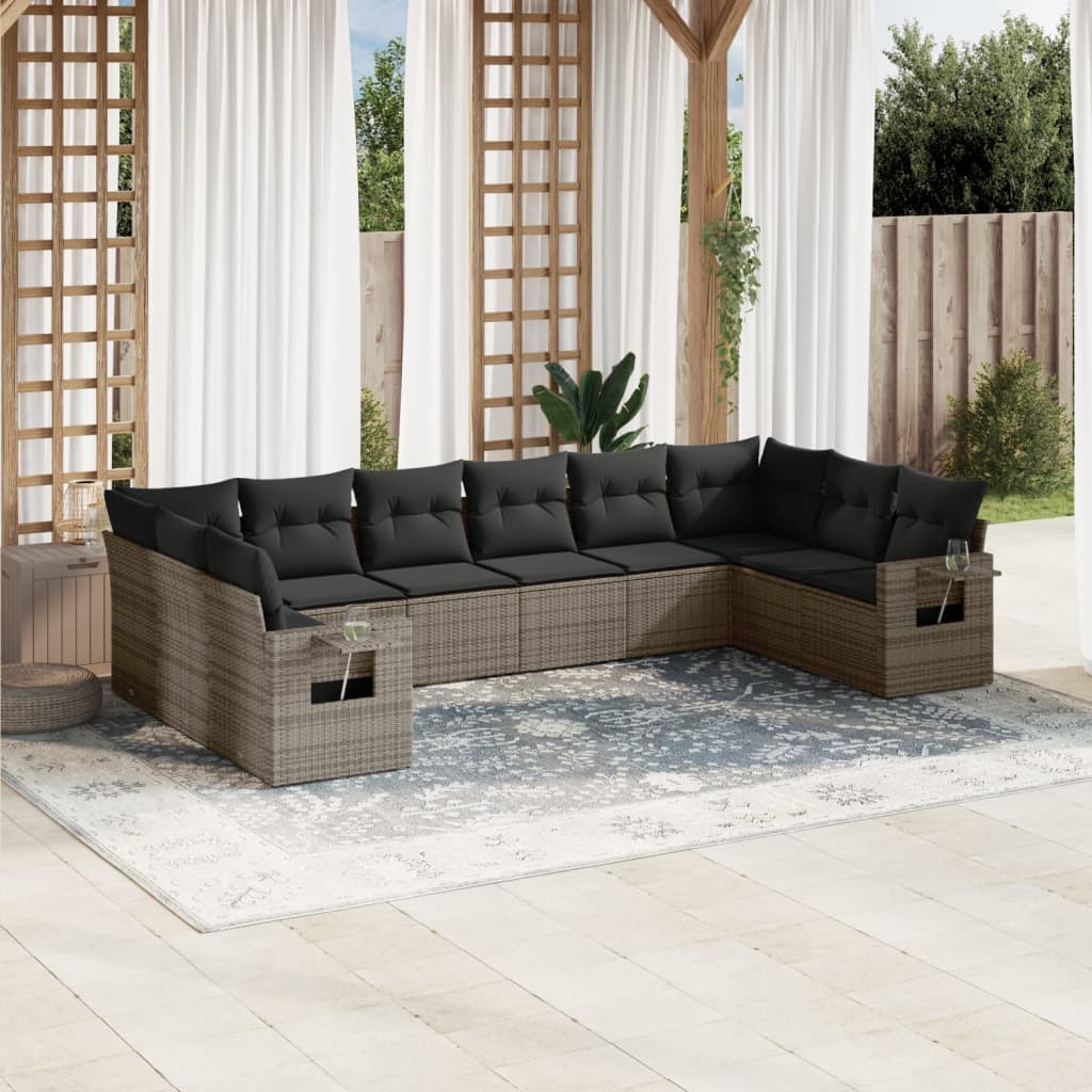 10-tlg. Garten-Sofagarnitur mit Kissen Schwarz Poly Rattan