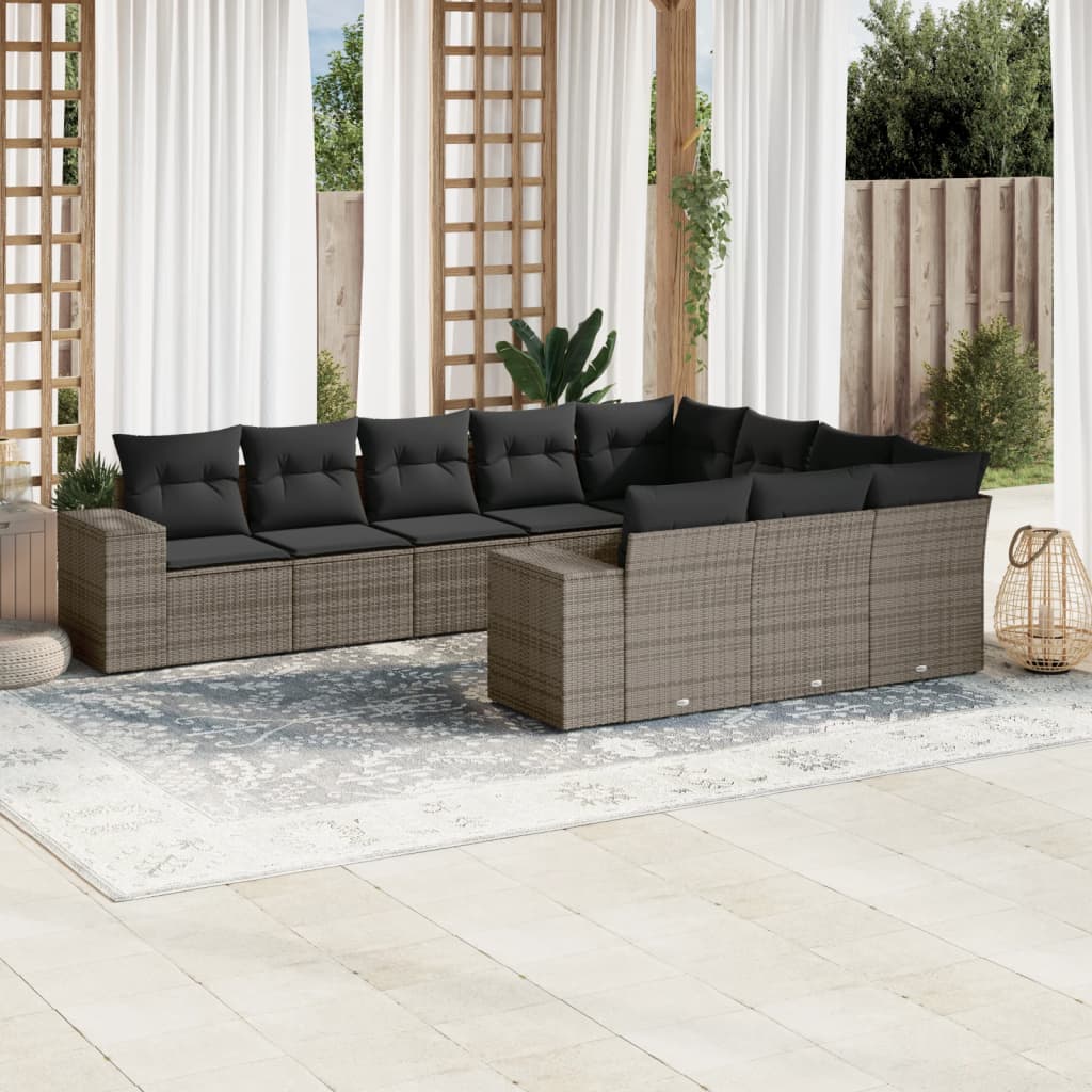 10-tlg. Garten-Sofagarnitur mit Kissen Schwarz Poly Rattan