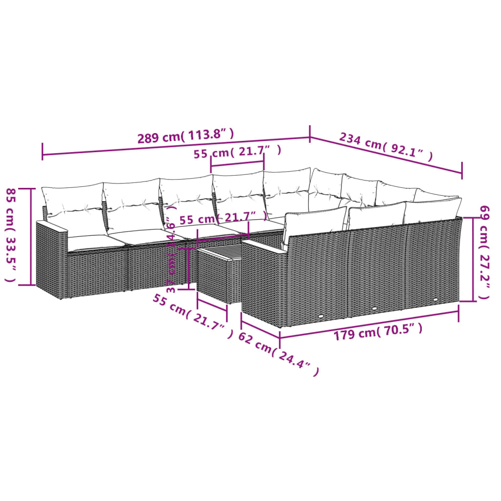 10-teiliges Gartensofa-Set mit Kissen, schwarzes Polyrattan