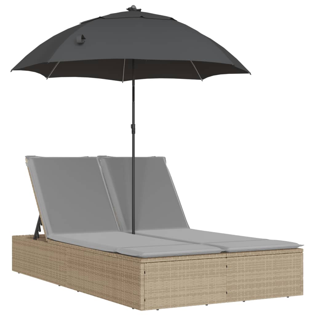 Doppel-Sonnenliege mit Kissen&Sonnenschirm Schwarz Poly Rattan