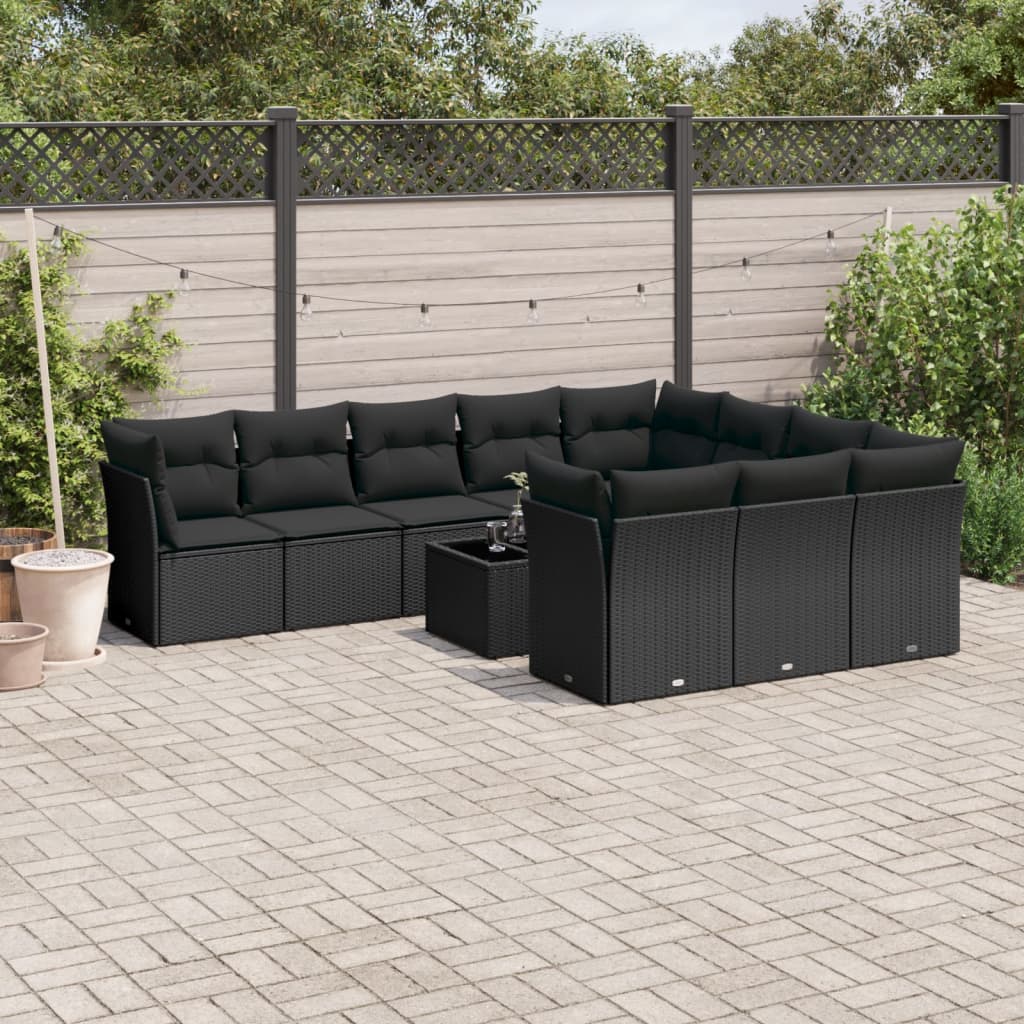 10-tlg. Garten-Sofagarnitur mit Kissen Schwarz Poly Rattan