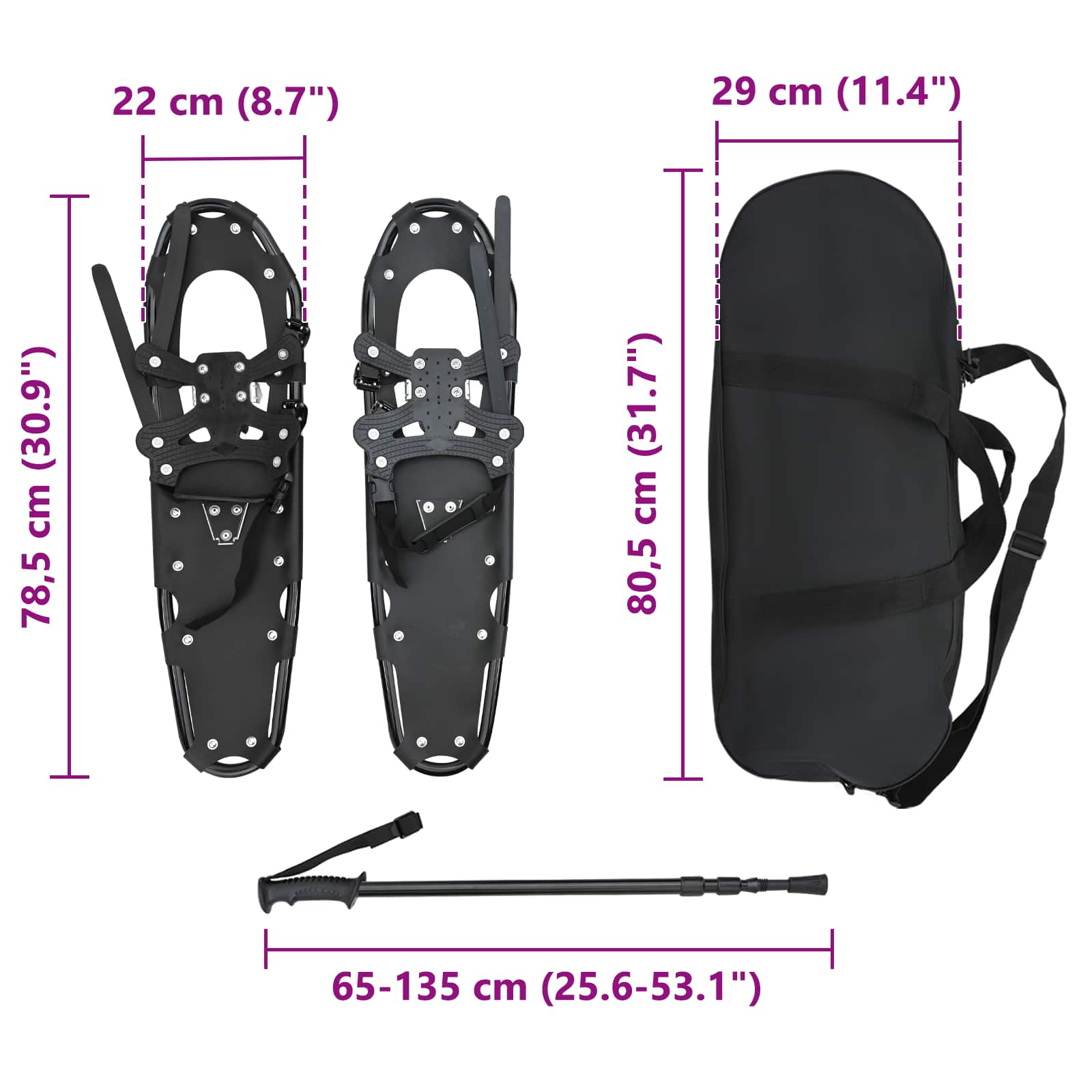 3 in 1 Schneeschuhe Silber und Schwarz 53,5 x 21 cm