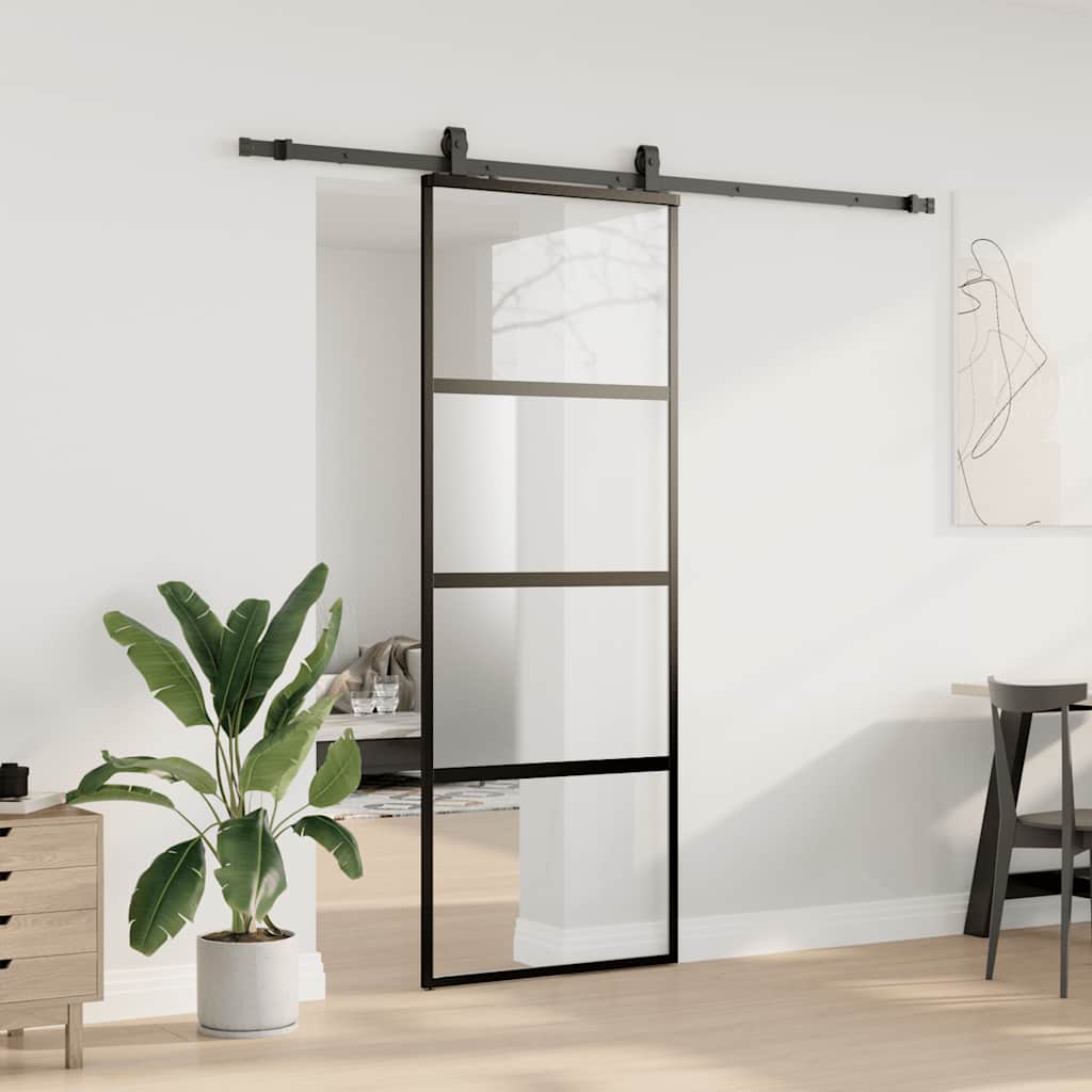 Schiebetür mit Beschlag Schwarz 76x205 cm Hartglas