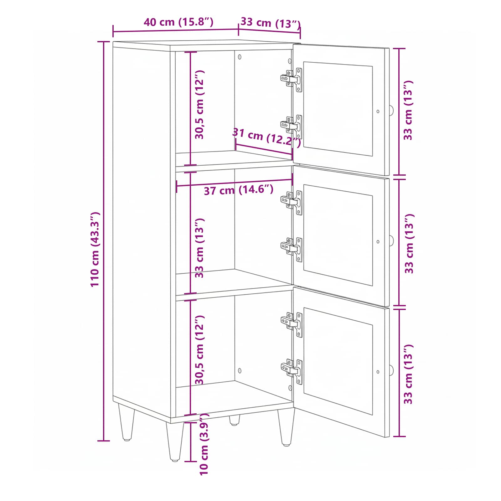 Highboard mit Tür Walnuss 40 x 33 x 110 cm Massivholz Mango