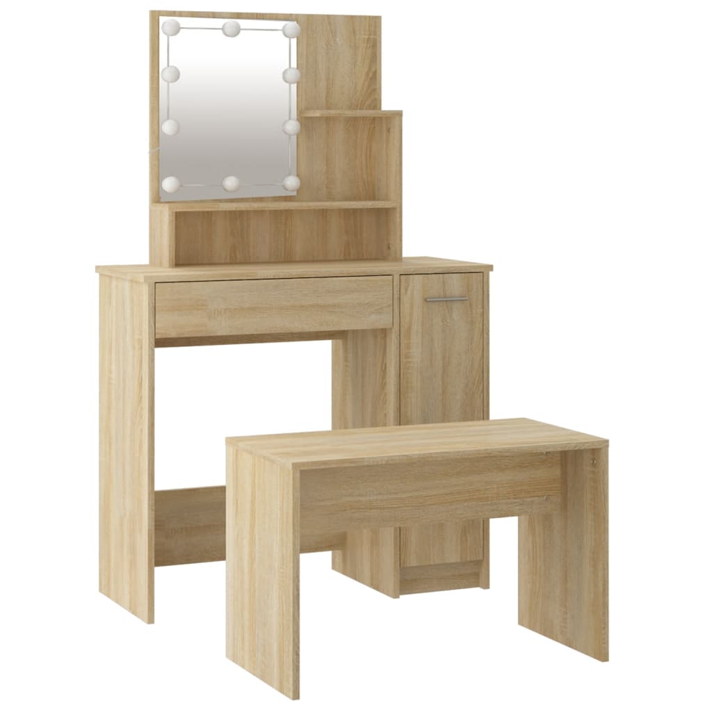 Schminktisch-Set mit LED Weiß Holzwerkstoff