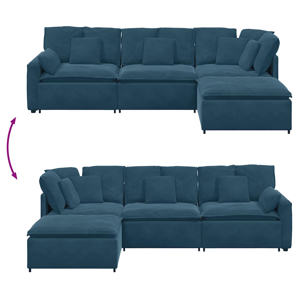 Modulares Sofa mit Fußhocker Kissen Samt Blau