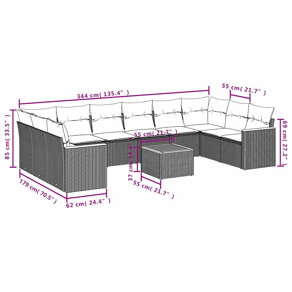 10-tlg. Garten-Sofagarnitur mit Kissen Schwarz Poly Rattan
