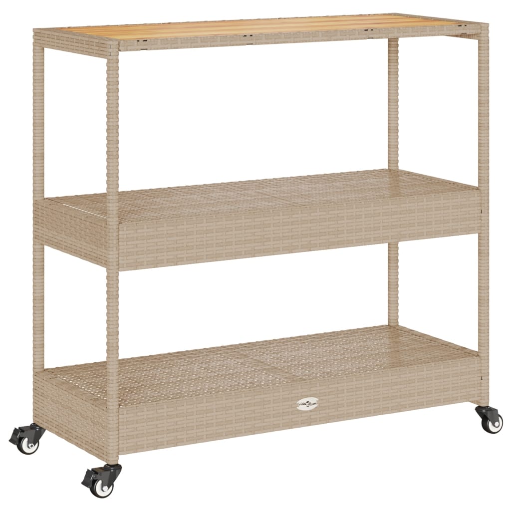 Barwagen 3 Böden Schwarz Poly Rattan und Massivholz Akazie