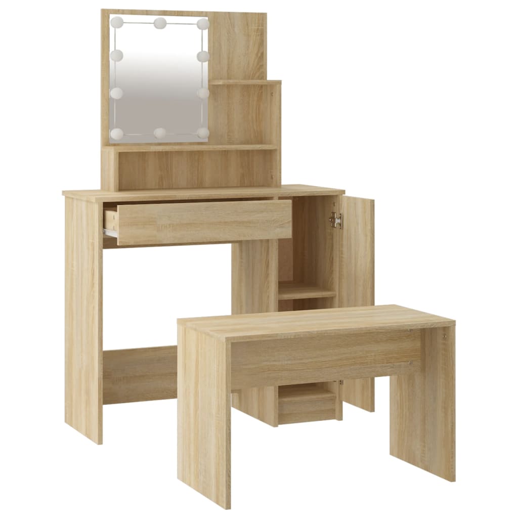 Schminktisch-Set mit LED Weiß Holzwerkstoff