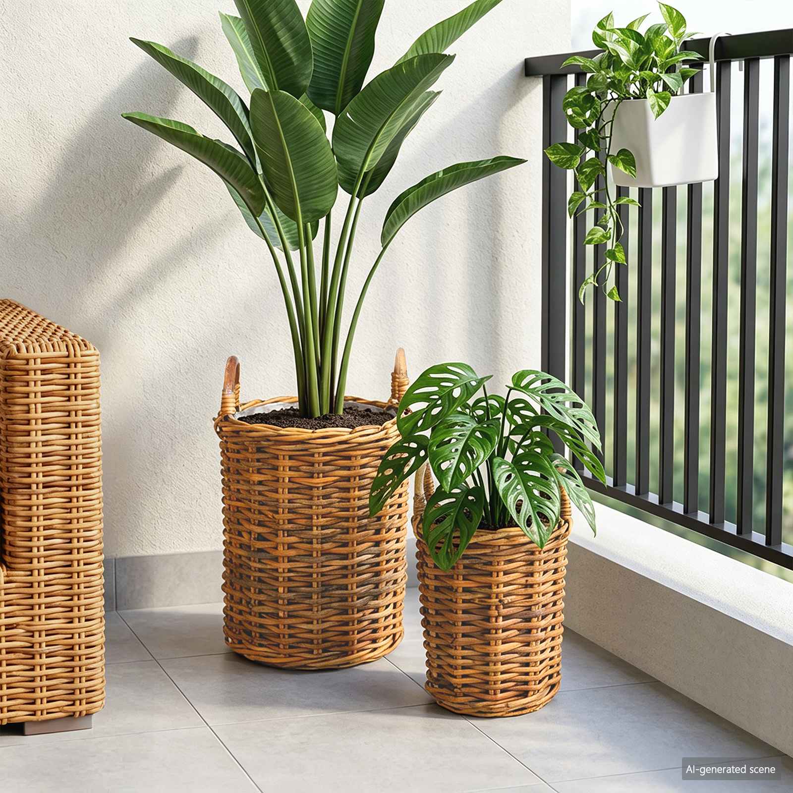 Blumentopfkorb mit Speicher 2 Stk. Natürliches Grau Kubu Rattan