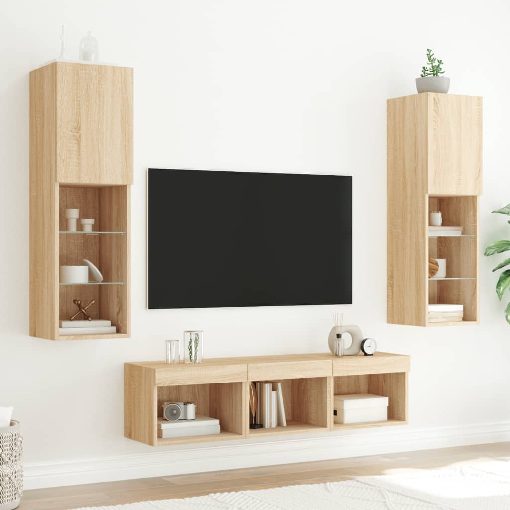 5-tlg. Wohnwand mit LED-Beleuchtung Weiß Holzwerkstoff