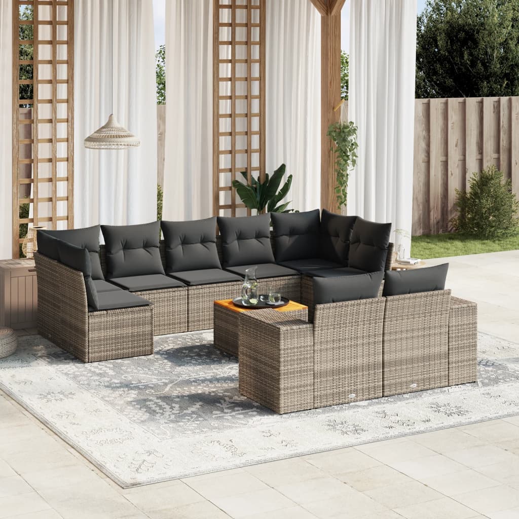 10-tlg. Garten-Sofagarnitur mit Kissen Schwarz Poly Rattan