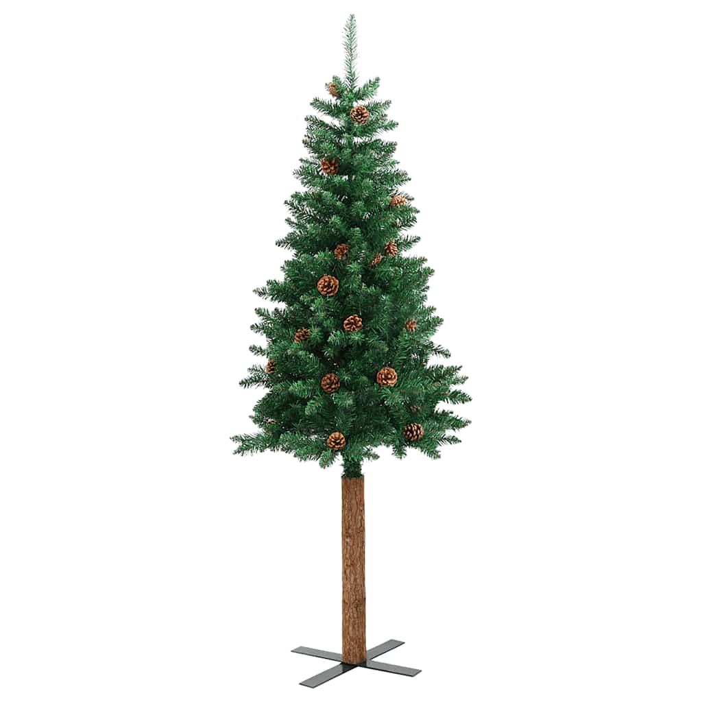 Weihnachtsbaum Schlank mit Echtholz und Zapfen Grün 150 cm PVC