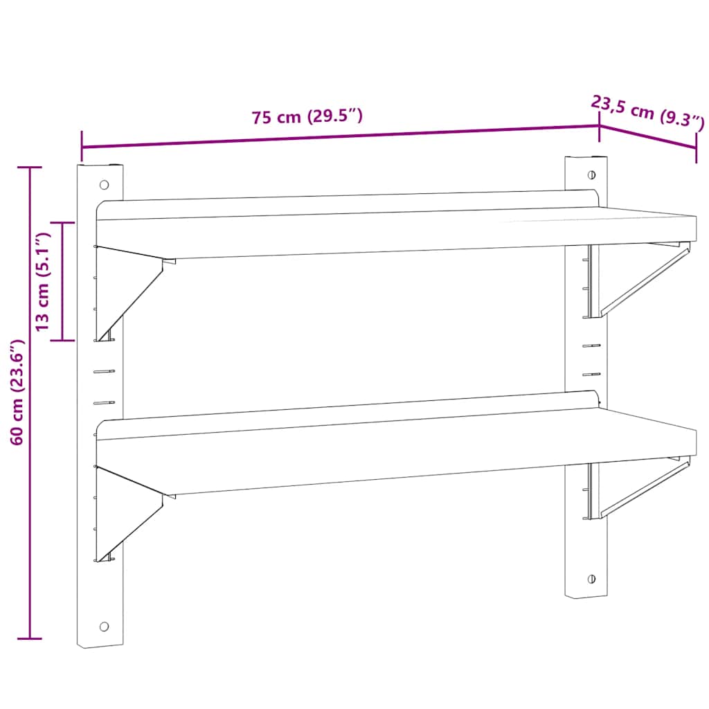 Wandregal mit 2 Böden 100x40x60 cm Silbern Edelstahl