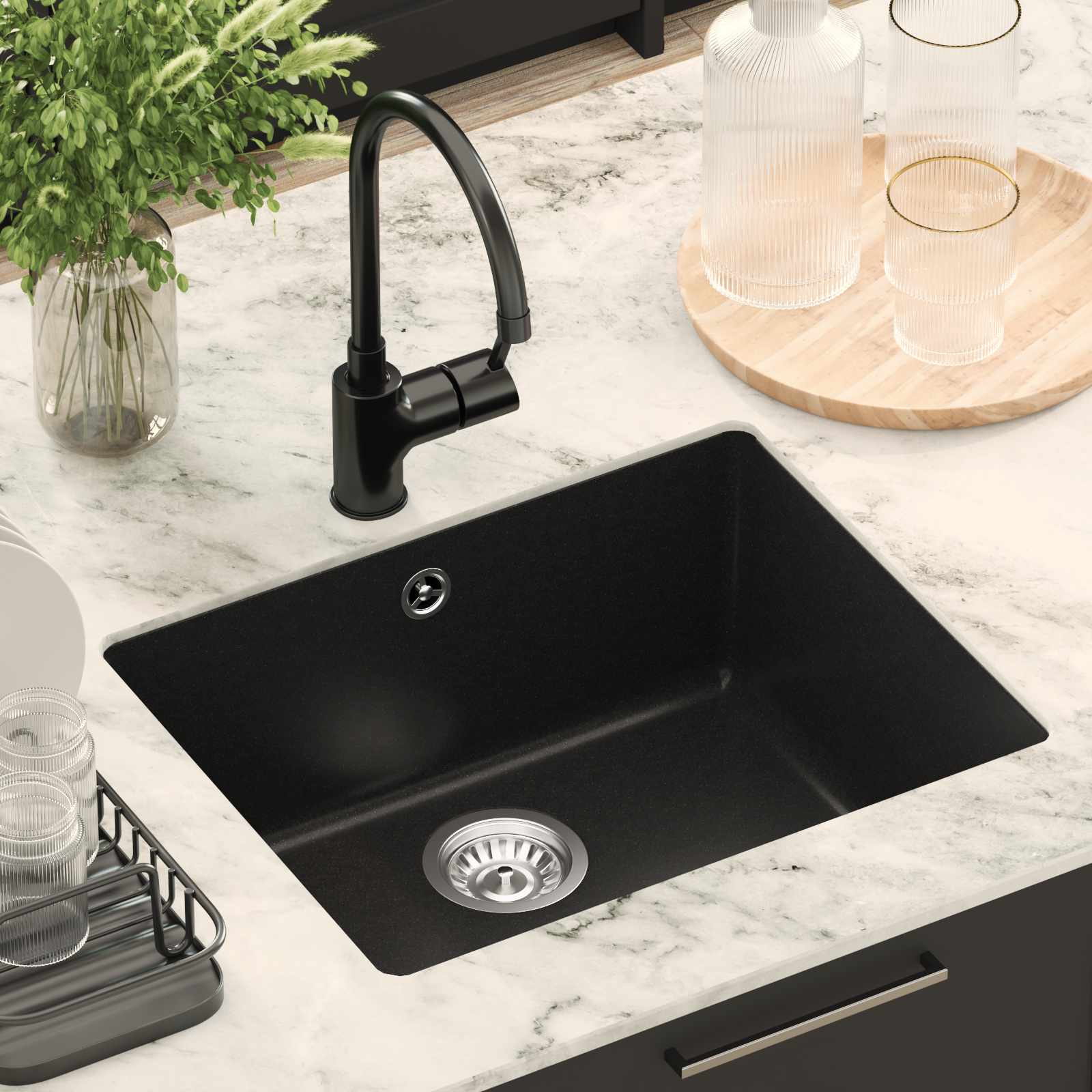 Waschbecken Schwarz 370 x 460 mm 80% Quarz und 20% Harz
