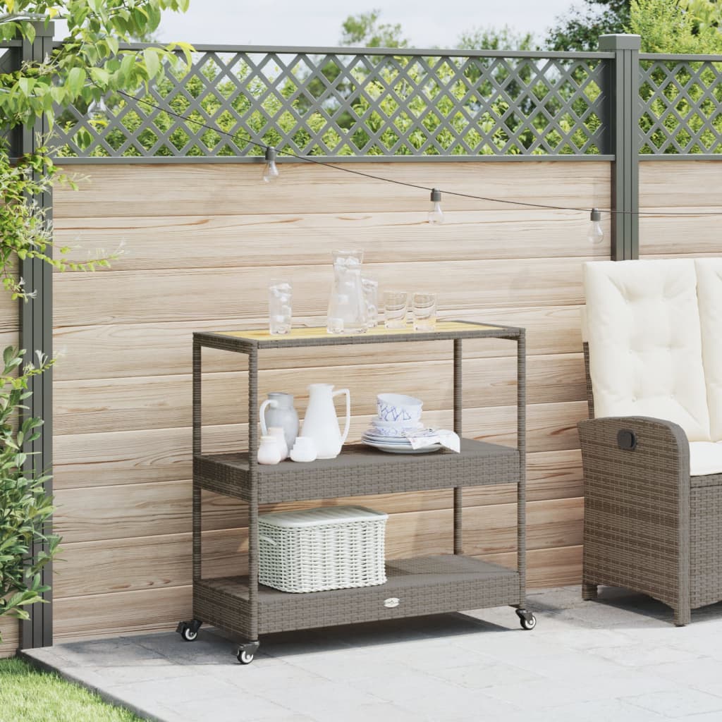 Barwagen 3 Böden Schwarz Poly Rattan und Massivholz Akazie