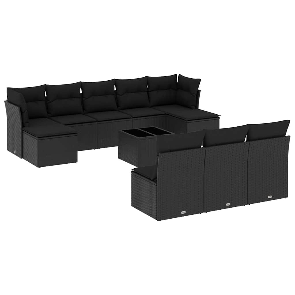 10-tlg. Garten-Sofagarnitur mit Kissen Schwarz Poly Rattan
