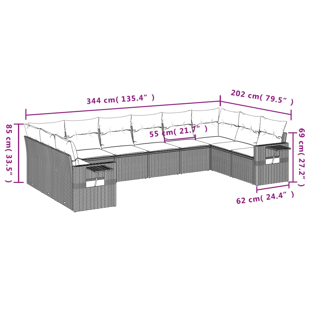 10-teiliges Gartensofa-Set mit Kissen, schwarzes Polyrattan