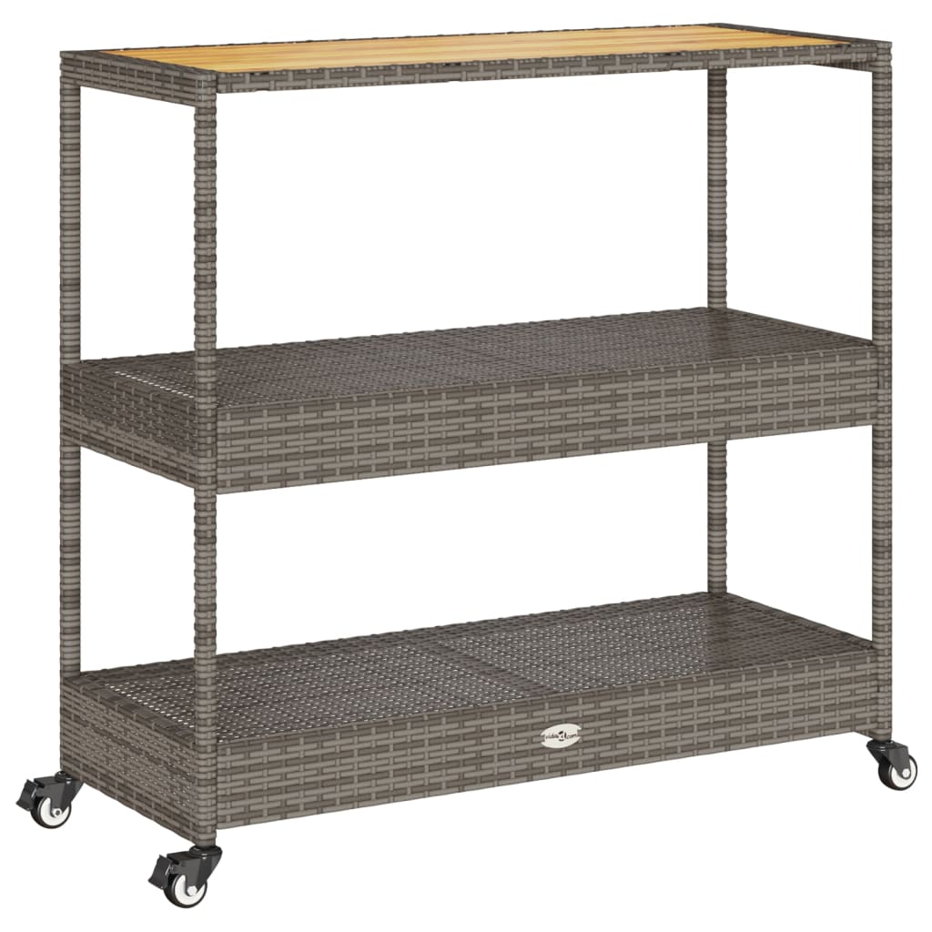 Barwagen 3 Böden Schwarz Poly Rattan und Massivholz Akazie