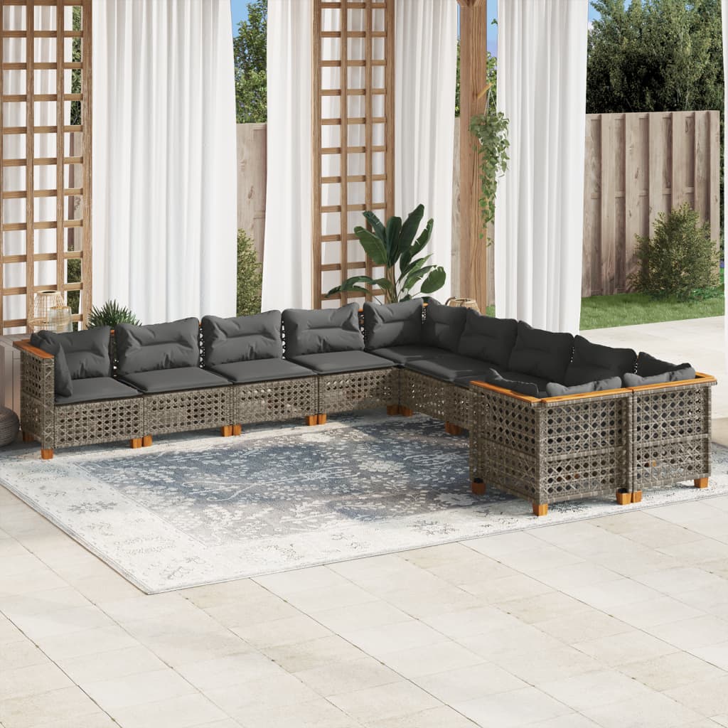 10-tlg. Garten-Sofagarnitur mit Kissen Beige Poly Rattan