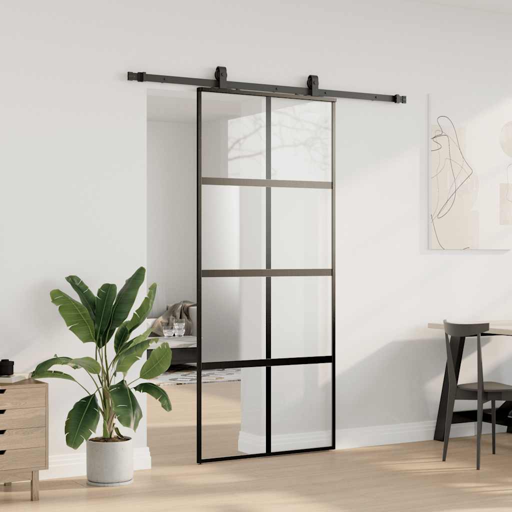 Schiebetür mit Beschlag Schwarz 76x205 cm Hartglas