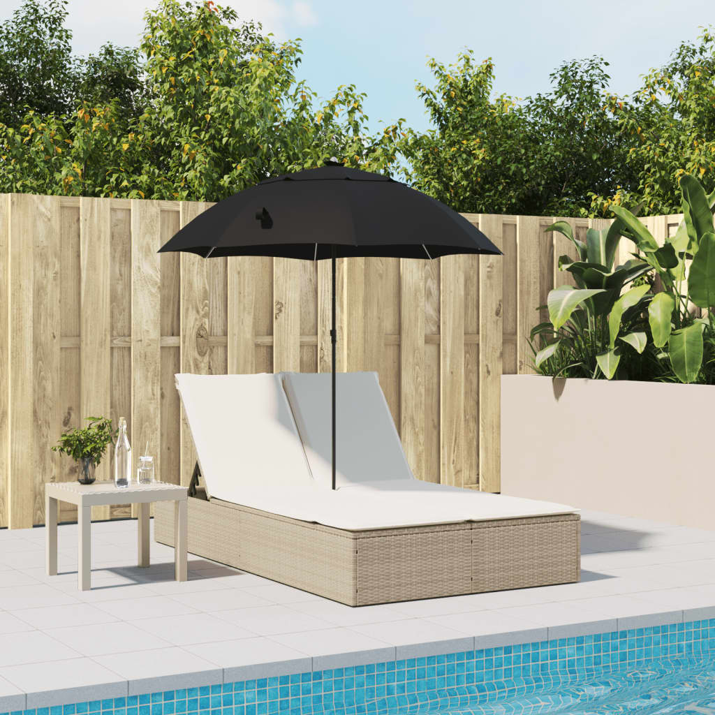 Doppel-Sonnenliege mit Kissen&Sonnenschirm Schwarz Poly Rattan