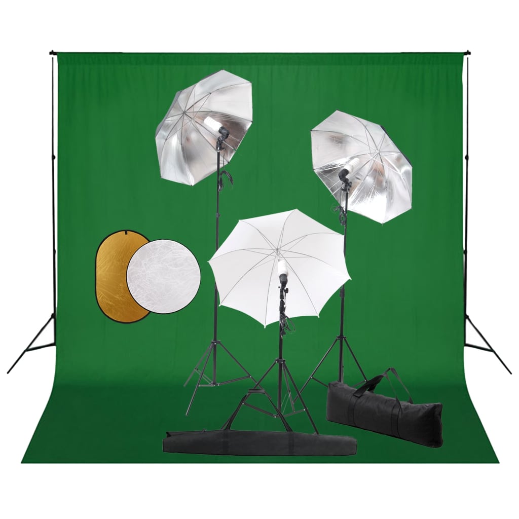 Fotostudio-Set mit Leuchten, Schirmen, Hintergrund, Reflektor