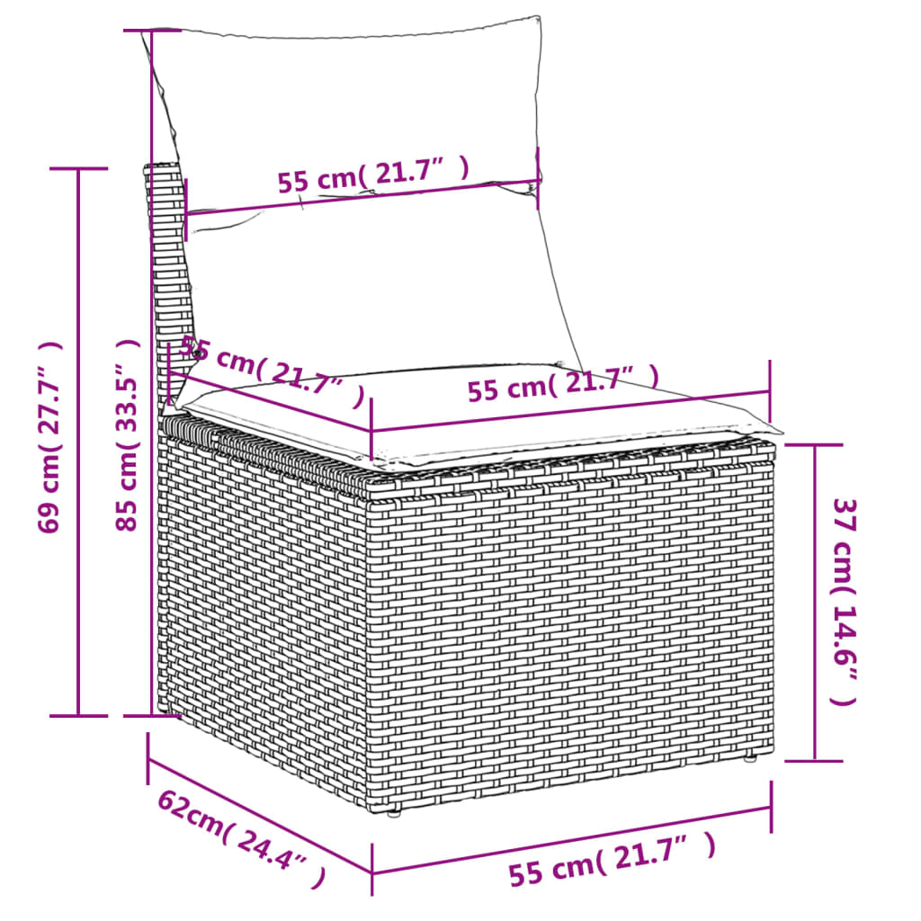3-teiliges Gartensofa-Set mit Kissen, schwarzes Polyrattan