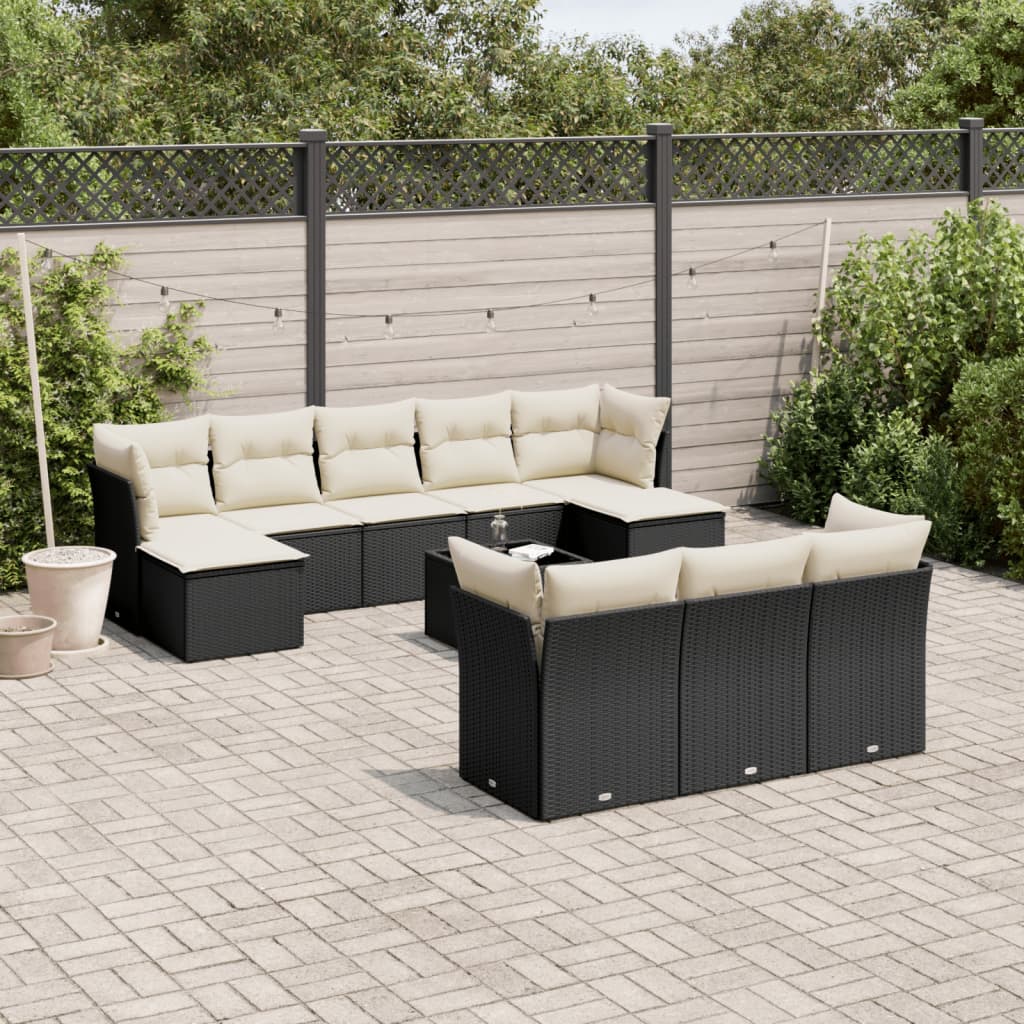 10-tlg. Garten-Sofagarnitur mit Kissen Schwarz Poly Rattan