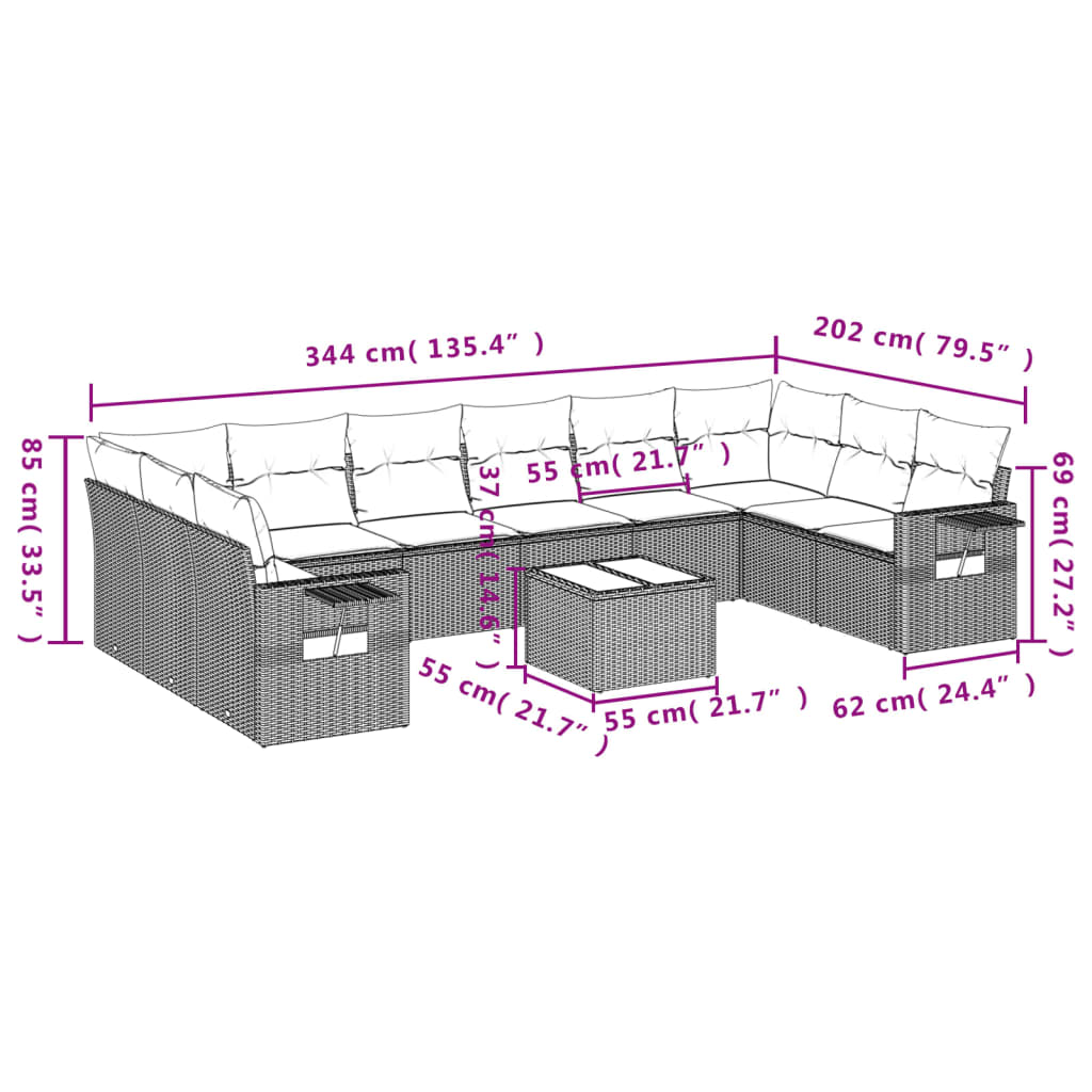 10-teiliges Gartensofa-Set mit Kissen, schwarzes Polyrattan