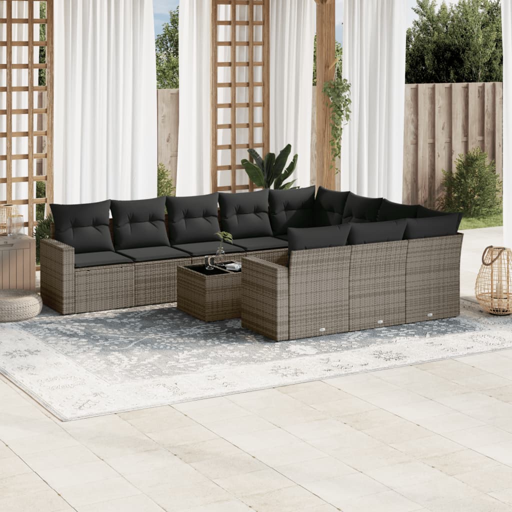 10-tlg. Garten-Sofagarnitur mit Kissen Schwarz Poly Rattan