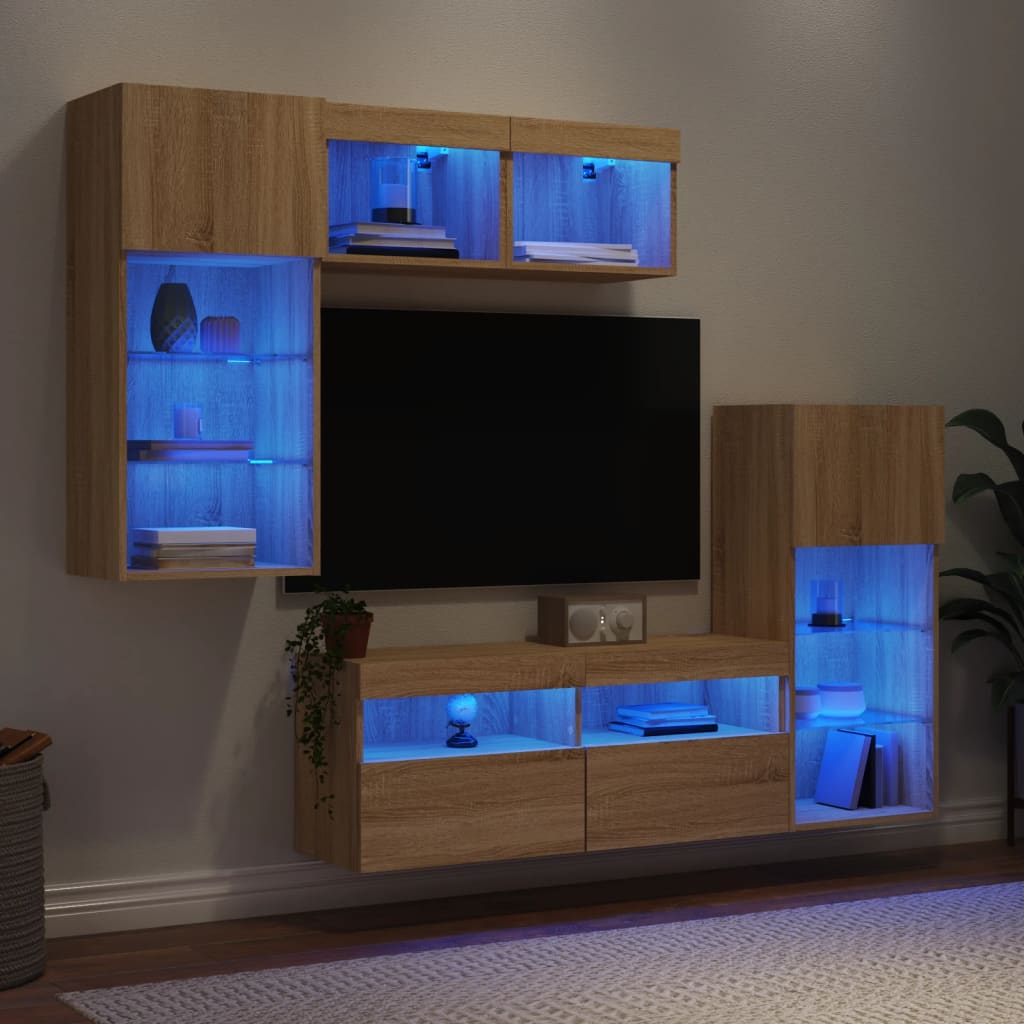 5-tlg. Wohnwand mit LED-Beleuchtung Weiß Holzwerkstoff