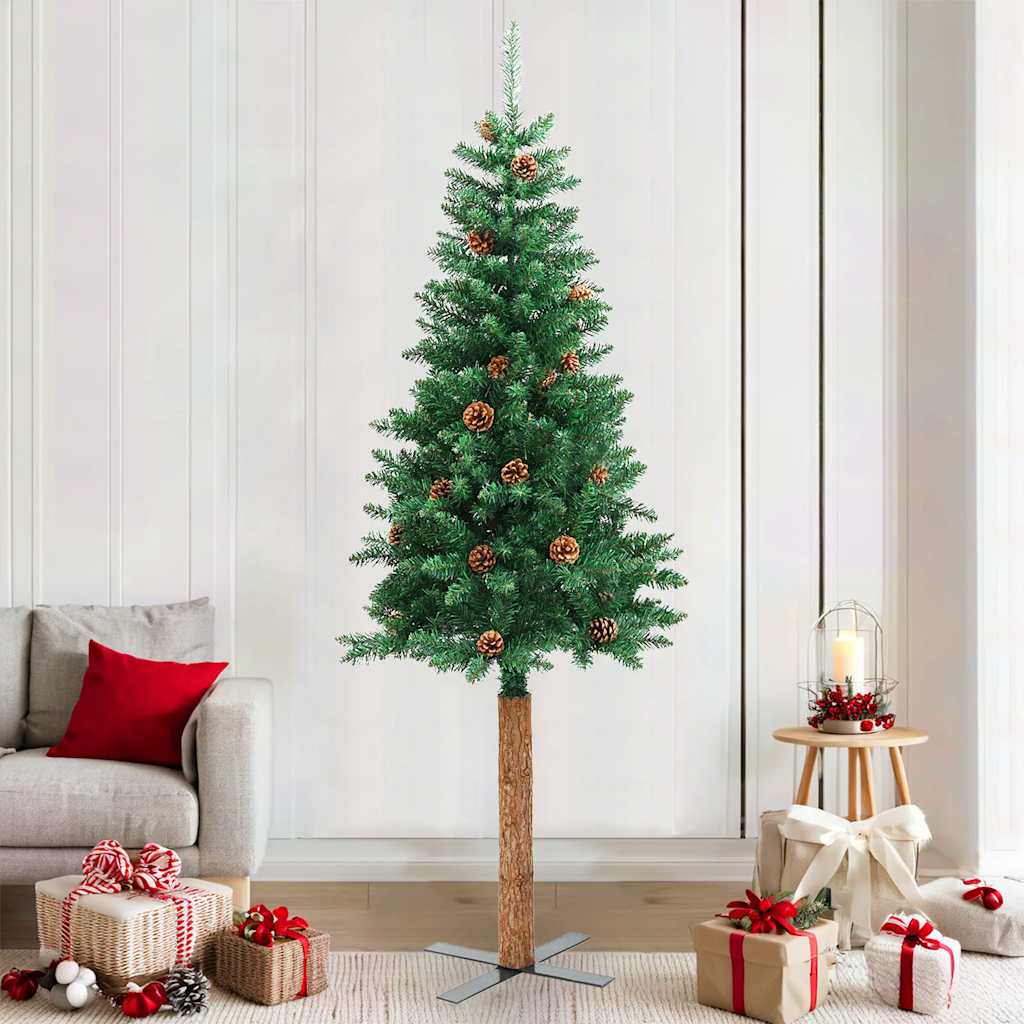 Weihnachtsbaum Schlank mit Echtholz und Zapfen Grün 150 cm PVC