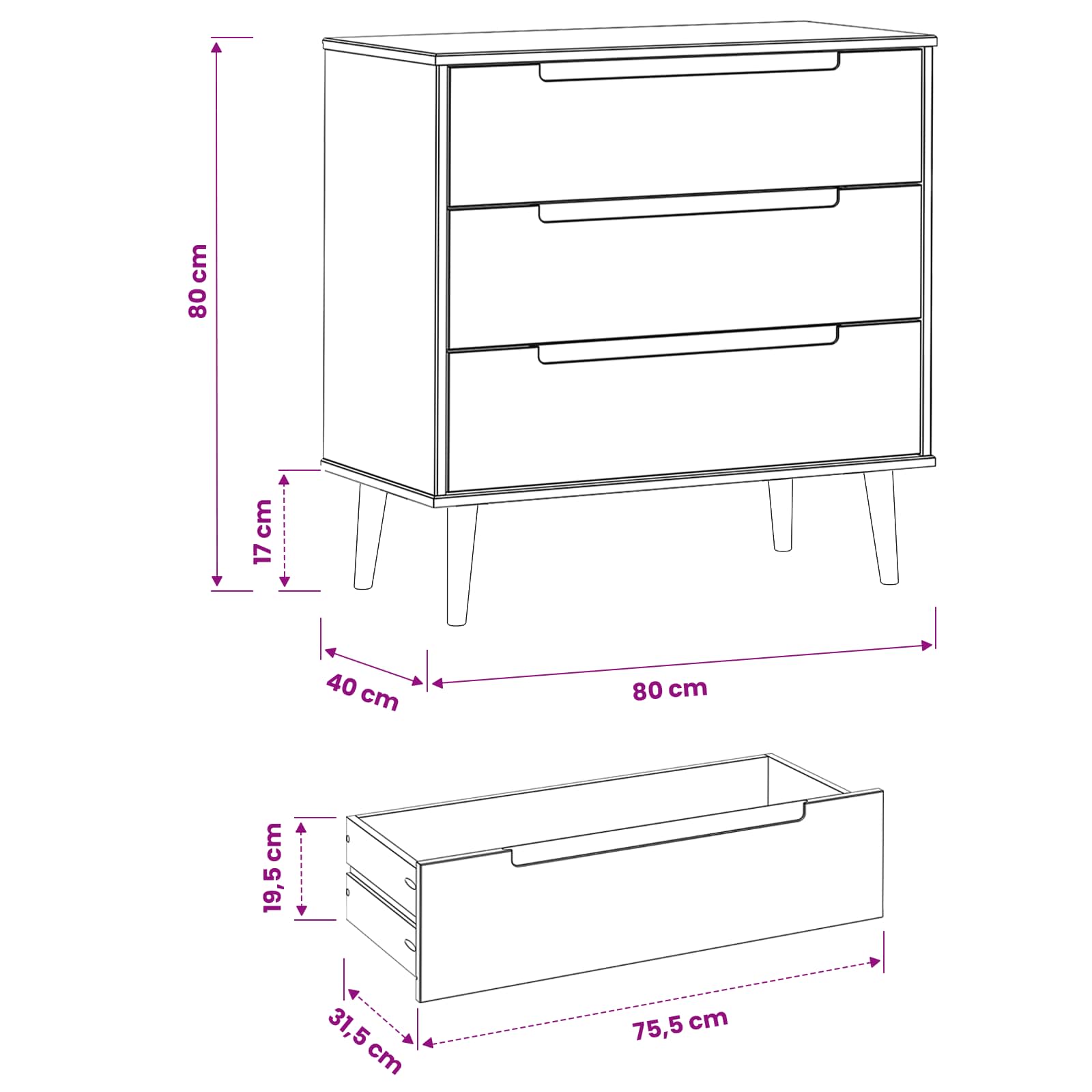 Schubladenschrank MOLDE Braun 80x40x80 cm Massivholz Kiefer
