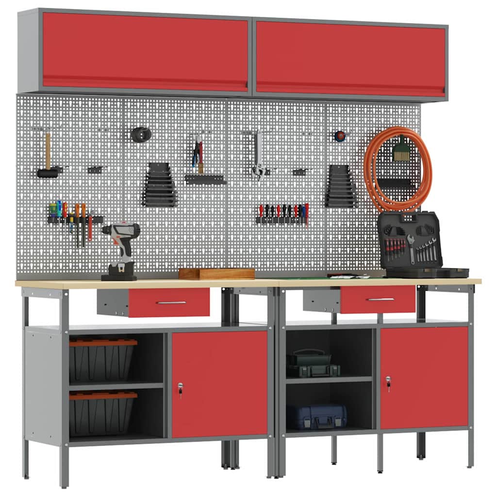 Werkbank-Set mit Schubladen 2 pcs Rot und Grau 200 x 55 x 85 cm