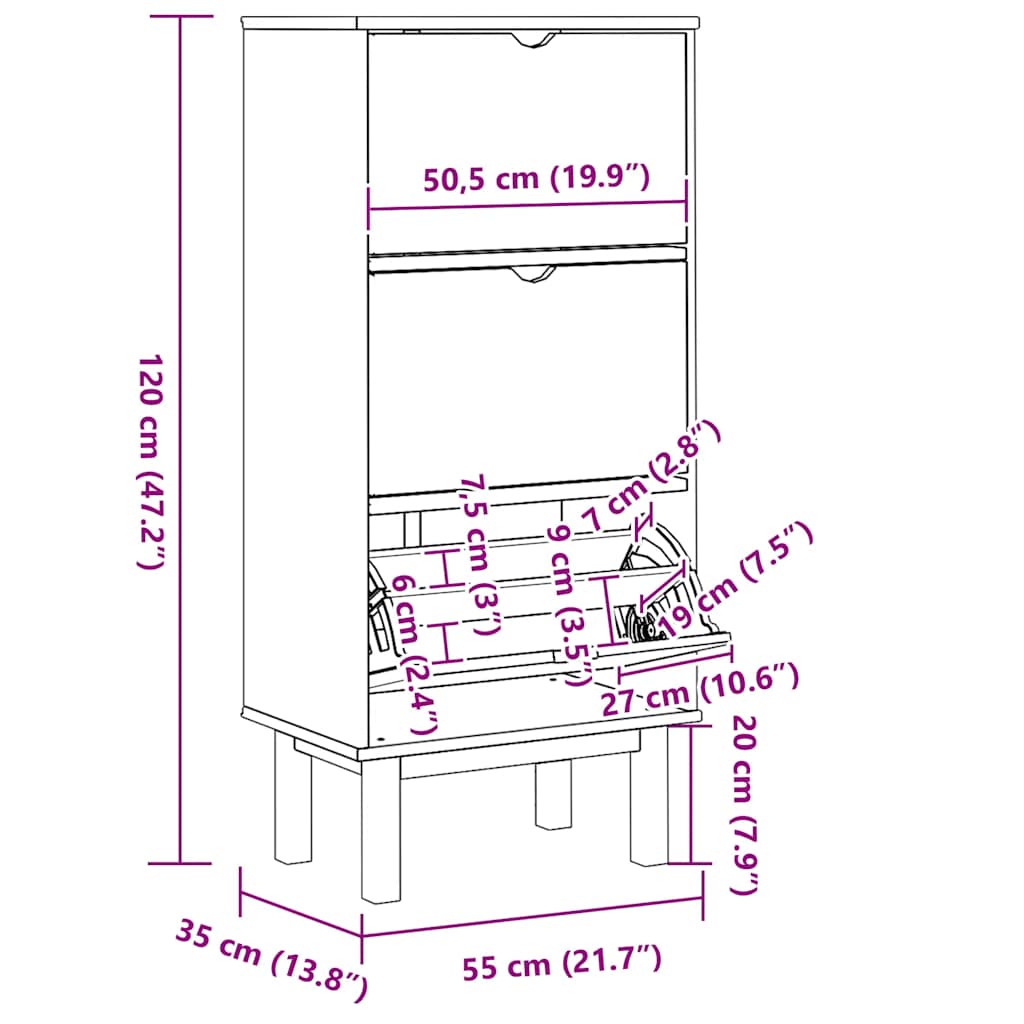 Schuhschrank OTTA mit 3 Schubladen Braun Massivholz Kiefer
