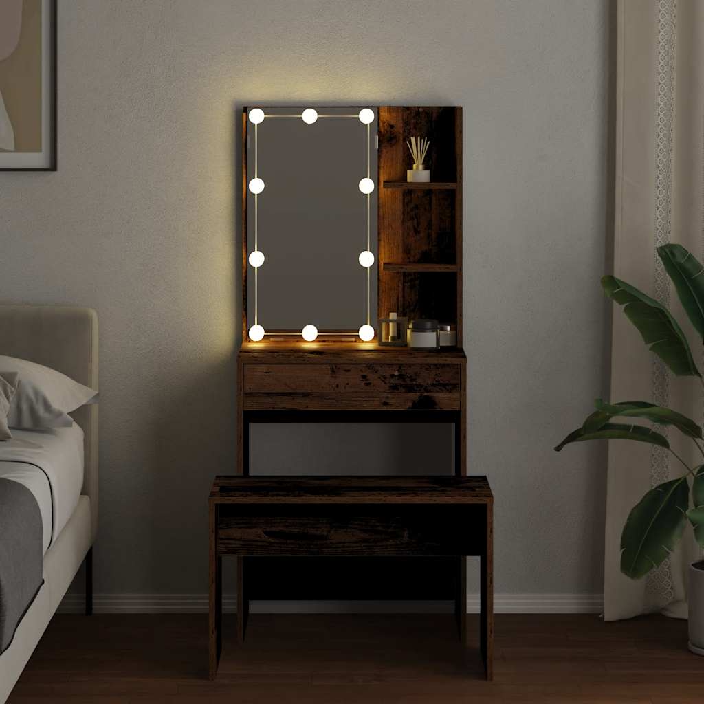 Schminktisch-Set mit LED Weiß Holzwerkstoff