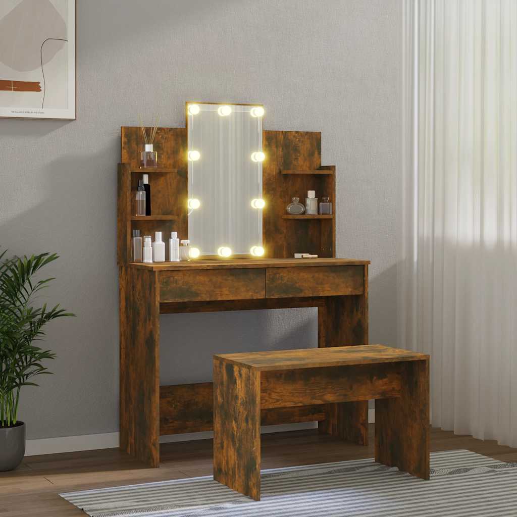 Schminktisch-Set mit LED Weiß Holzwerkstoff