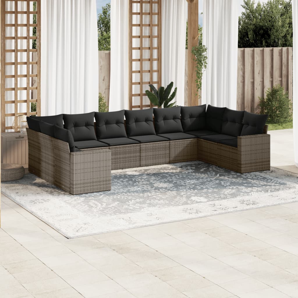 10-tlg. Garten-Sofagarnitur mit Kissen Schwarz Poly Rattan