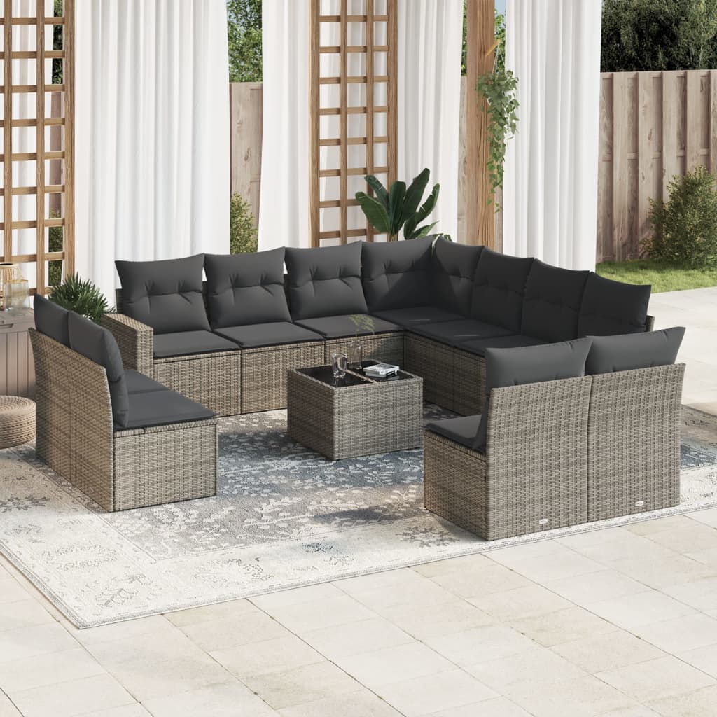 11-tlg. Garten-Sofagarnitur mit Kissen Schwarz Poly Rattan