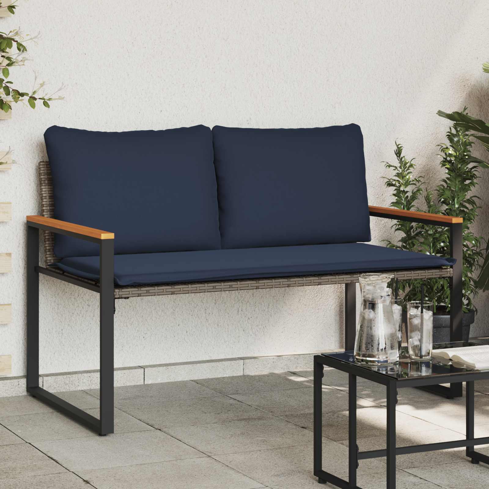 Bank mit Kissen Schwarz und Cremeweiß 115 x 65 x 72 cm Rattan