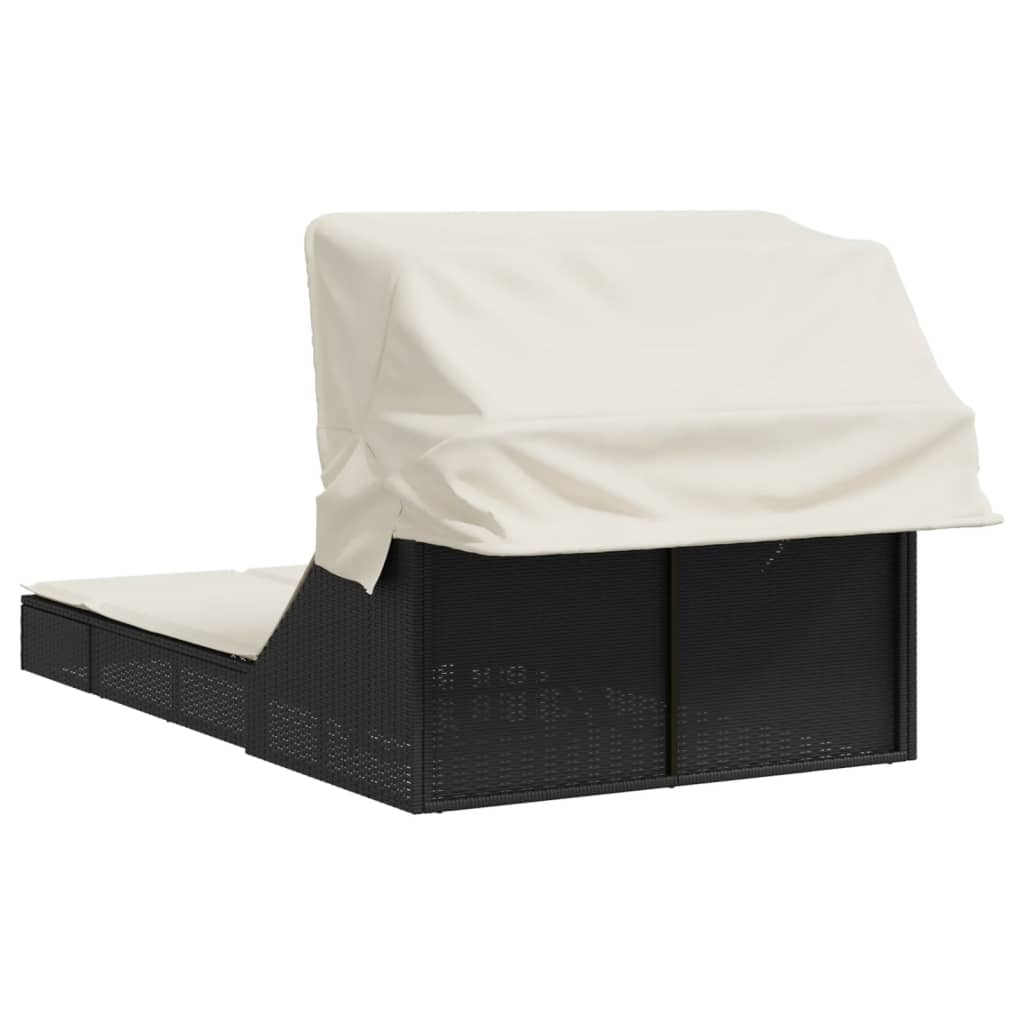 Doppel-Sonnenliege mit Dach und Auflagen Braun Poly Rattan