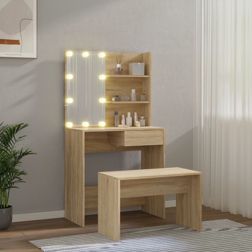 Schminktisch-Set mit LED Weiß Holzwerkstoff