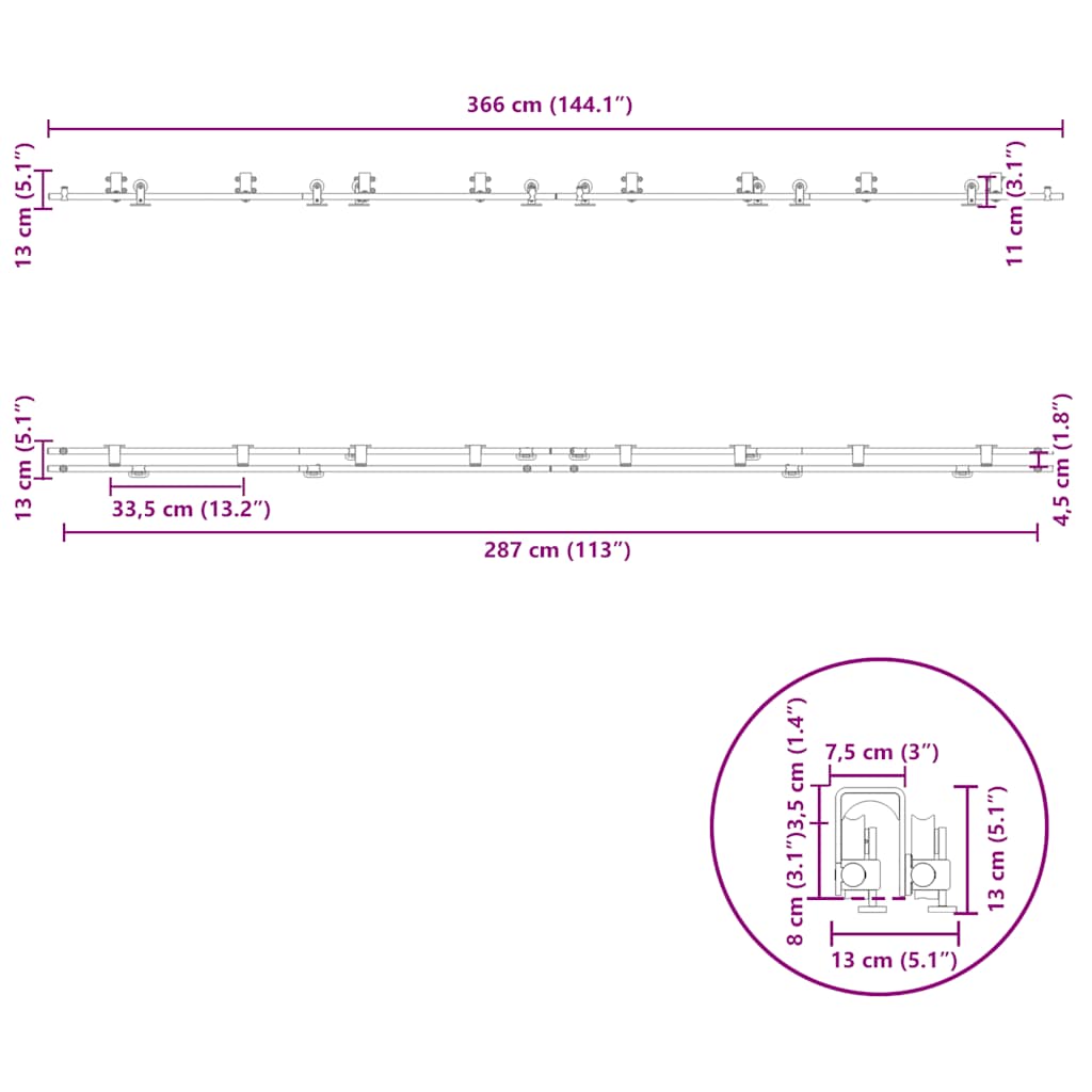 Schiebetür-Beschlagsatz 183 cm Edelstahl Silbern