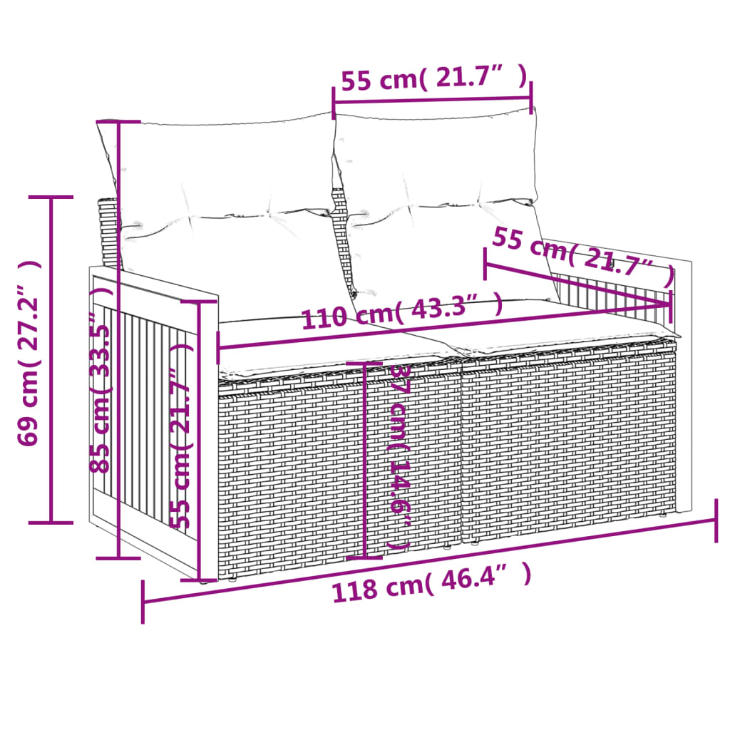 10-teiliges Gartensofa-Set mit Kissen, schwarzes Polyrattan