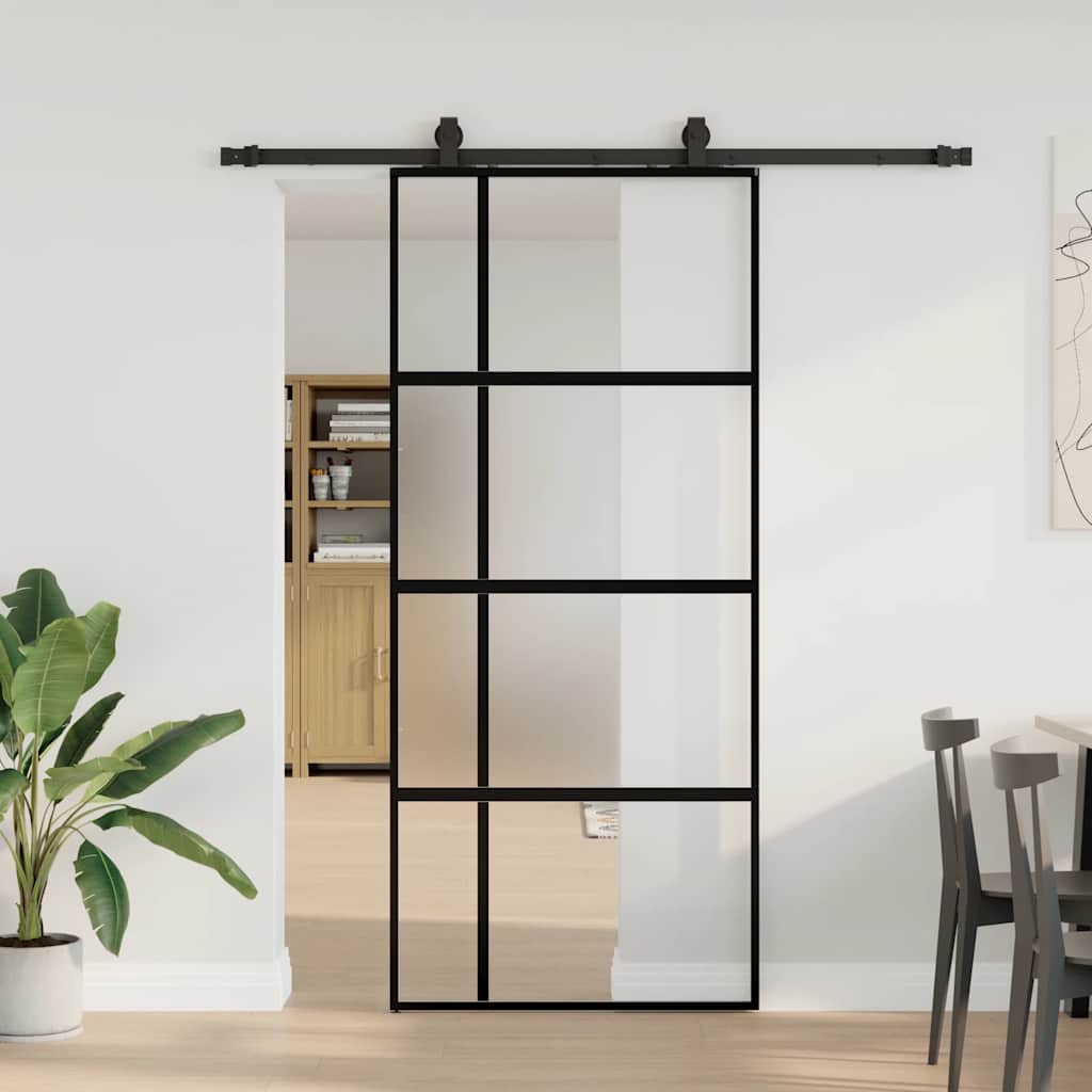 Schiebetür mit Beschlag Schwarz 76x205 cm Hartglas