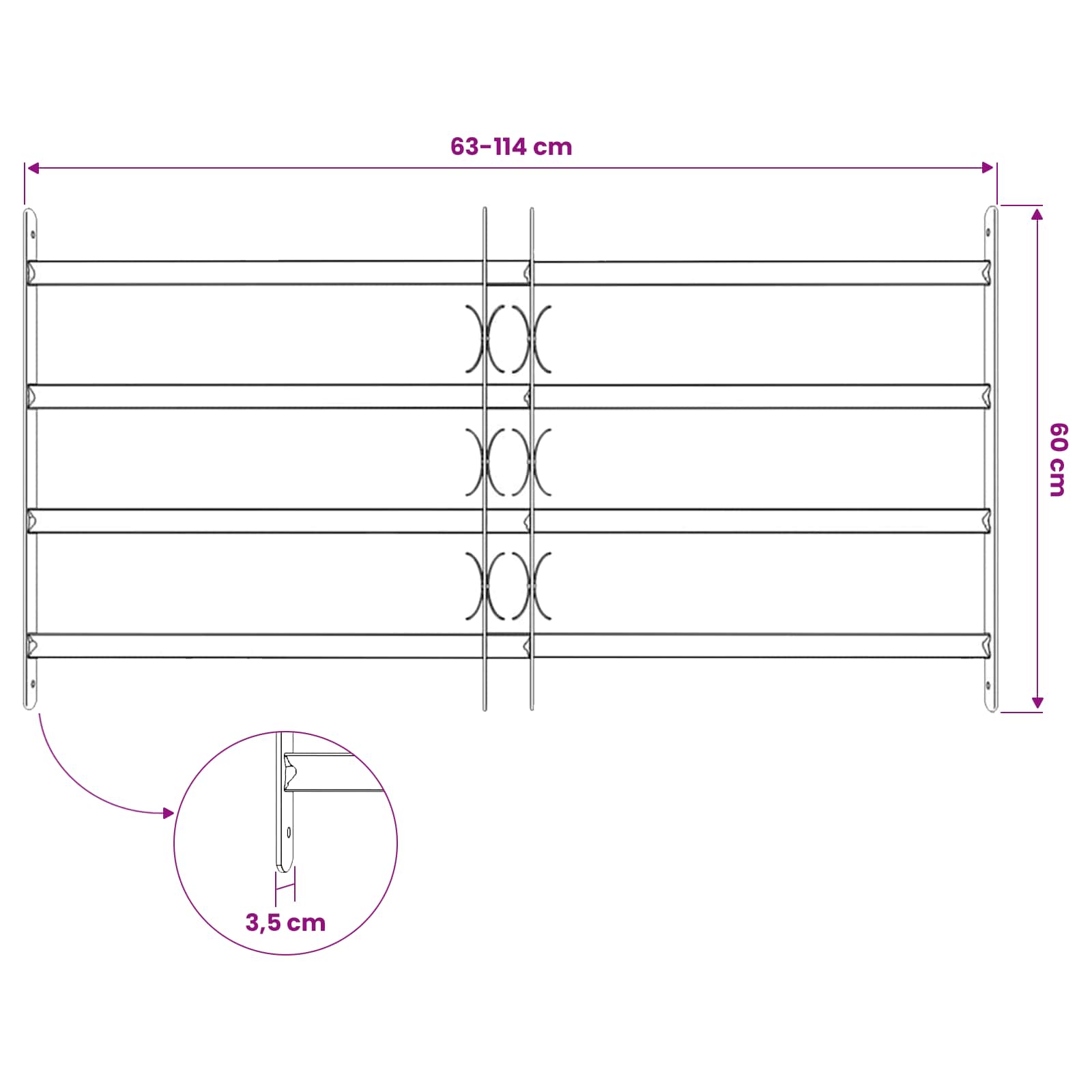 Sicherheitsgitter für Fenster mit 2 Querstangen 43-74 cm